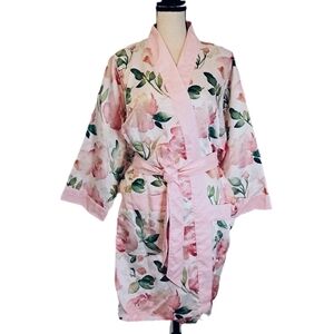 NWOT Hello Gorgeous Pink Floral Satin Wrap Robe Romantic Coquette Bridal Sz S